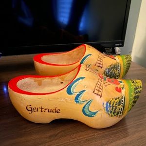 Vintage Wooden Dutch Clogs Shoes with Windmill Design
